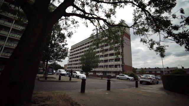 Tree in front of block of flats on east London estate