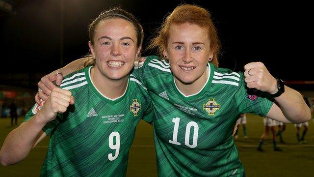 Simone Magill and Rachel Furness after both scored in the play-off first leg win over Ukraine in Kovalivka