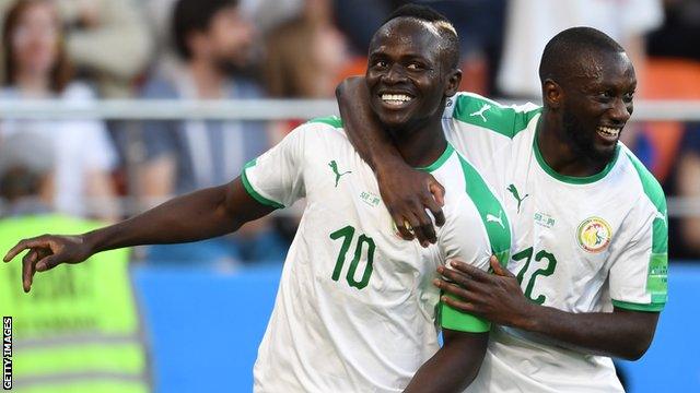 Sadio Mane celebrates scoring for Senegal against Japan at the World Cup