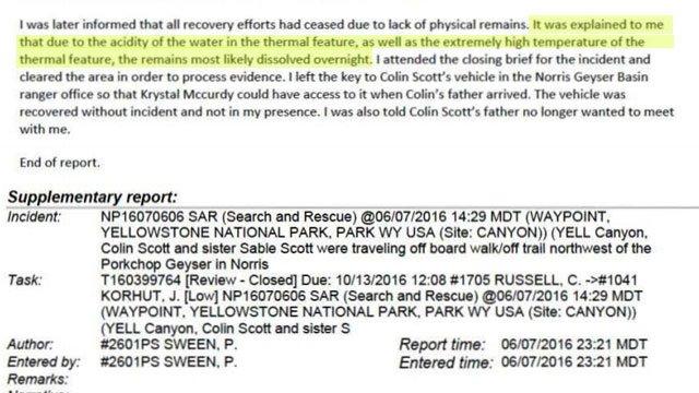 Screenshot of the incident report, part of which reads: It was explained to me that due to the acidity of the water in the thermal feature, as well as the extremely high temperature of the thermal feature, the remains most likely dissolved overnight.