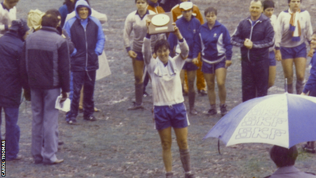 Carol Thomas lifts the runners-up trophy at Kenilworth Road following England's defeat to Sweden in the 1984 European Women's Championship final