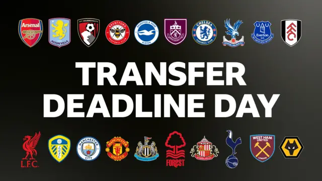A graphic with the badges of all 20 Premier League clubs and the words 'transfer deadline day'