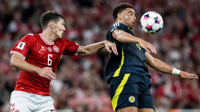 Scotland's Che Adams (R) and Denmark's Andreas Christensen