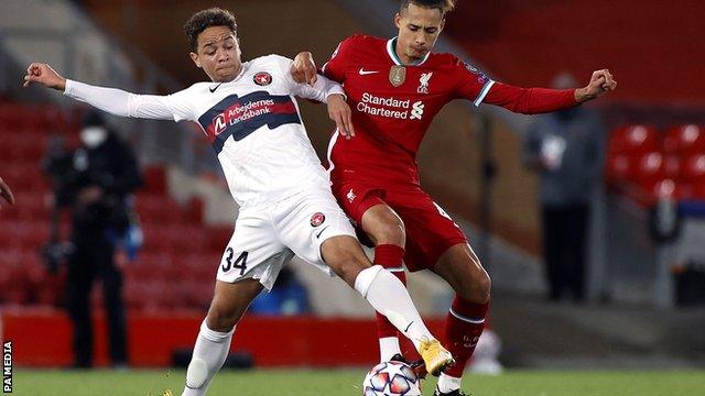 Nineteen-year-old Liverpool defender Rhys Williams (right) in action against Midtjylland in the Champions League