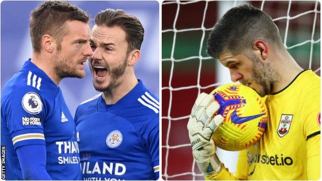 Jamie Vardy and team-mate James Maddison, and Southampton keeper Fraser Forster (right)