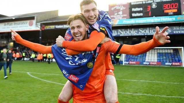 Luton Town's Harry Cornick (left) and team-mate Jack Stacey (right)