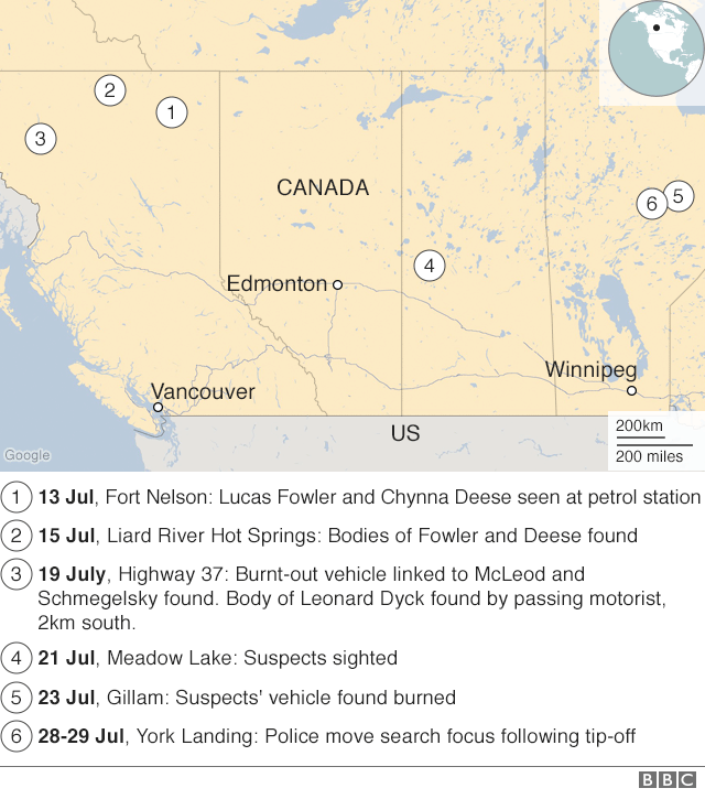 A timeline map of the Canada-wide manhunt.