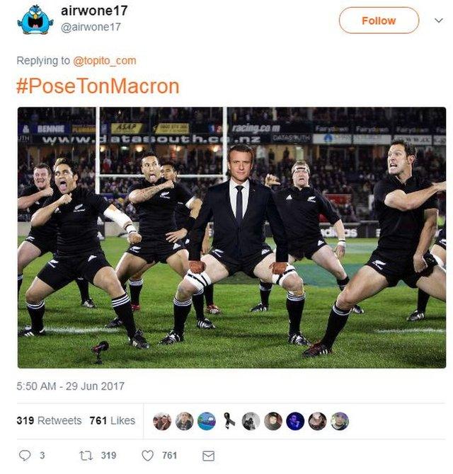 Mr Macron also cropped up in a shot of the New Zealand rugby team doing a haka