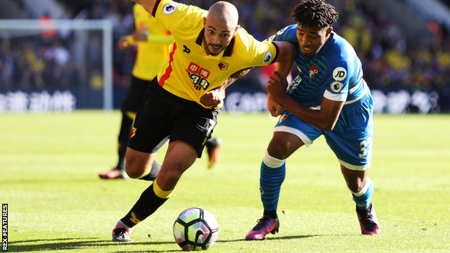 Watford's Nordin Amrabat challenges for the ball with Bournemouth's Jordon Ibe