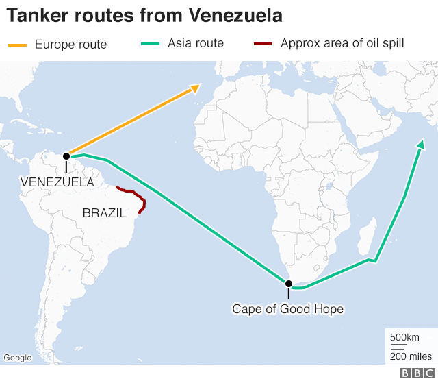 Map of tanker routes from Venezuela to Asia and Europe