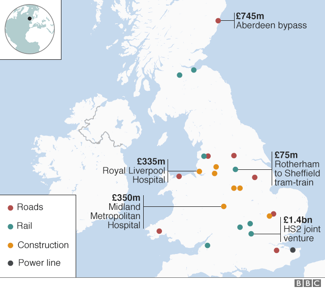 Map of Carillion's major construction projects in UK