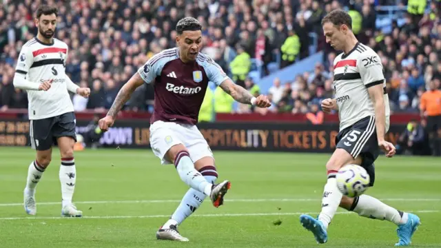 Morgan Rogers of Aston Villa is challenged by Jonny Evans of Manchester United