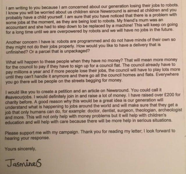 11-year-old Jasmine sent Newsround this letter about robots