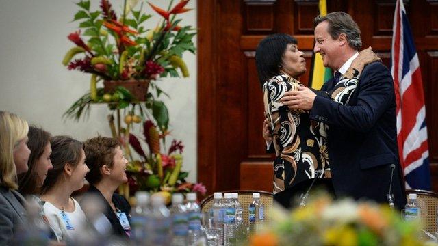 Prime Minister David Cameron holds talks with Jamaican Prime Minister Portia Simpson Miller at her office, Jamaica House, in Kingston,