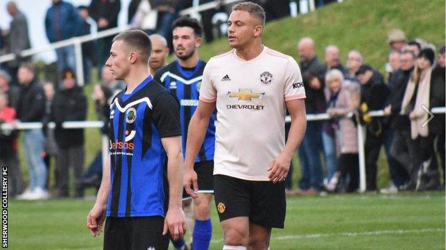 Five-time Manchester United Premier League winner Wes Brown in action against Sherwood Colliery in May