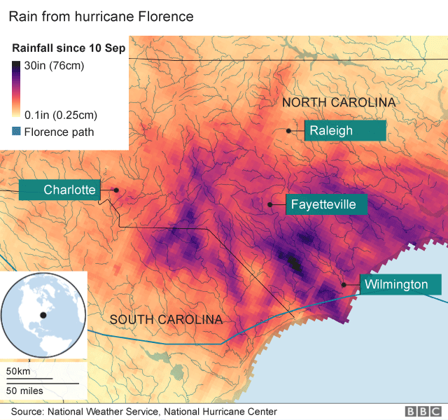 Map showing rain fall in NC