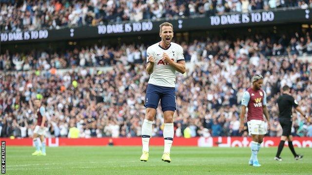 Tottenham forward Harry Kane celebrates scoring against Aston Villa