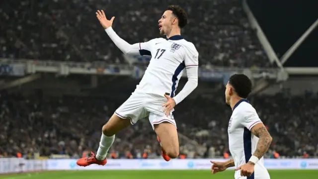 Curtis Jones celebrates scoring for England against Greece