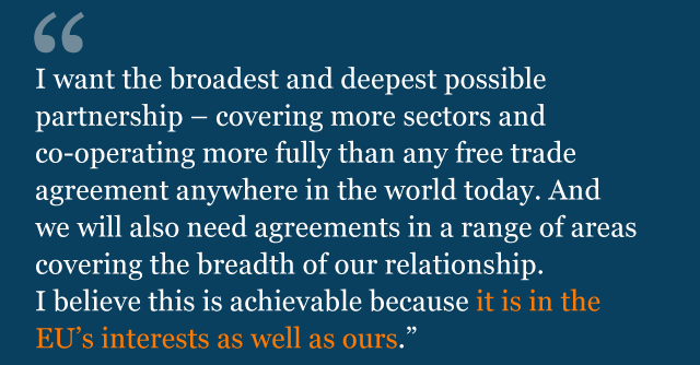 Text from Theresa May's speech saying: I want the broadest and deepest possible partnership - covering more sectors and co-operating more fully than any Free Trade Agreement anywhere in the world today. And we will also need agreements in a range of areas covering the breadth of our relationship.