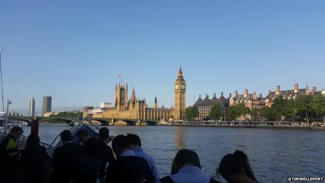 Queues for the River Bus opposite the Houses of Parliament