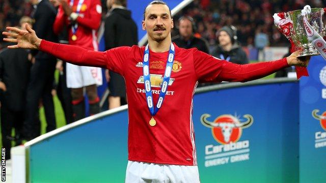 Zlatan Ibrahimovic celebrates Manchester United's victory over Southampton in the EFL Cup final