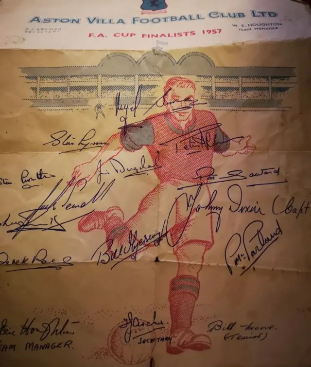An FA Cup flyer for Aston Villa in 1957 with lots of signatures on it