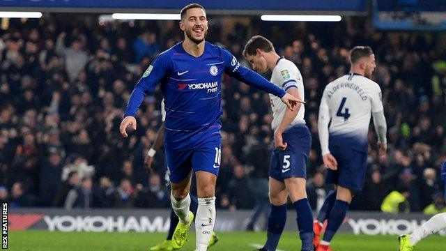 Eden Hazard celebrates scoring against Tottenham