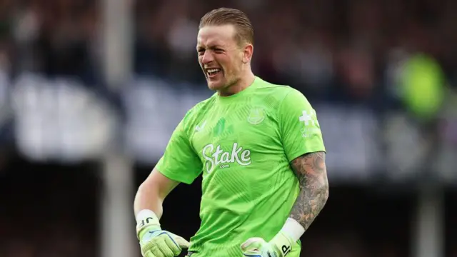 Jordan Pickford reacts during Everton's 0-0 draw with Newcastle United