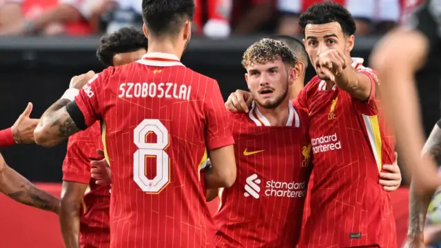 Harvey Elliott celebrates a Liverpool goal