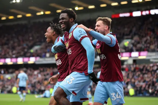 David Datro Fofana celebrates after scoring for Burnley against Brentford in the Premier League