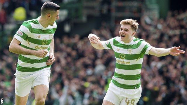 Celtic's Tom Rogic and James Forrest celebrate against Rangers