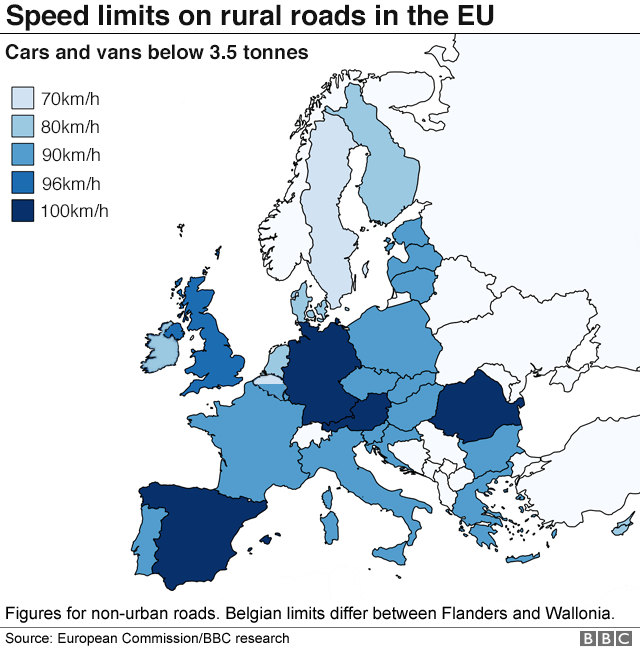 Graphic showing speed limits on rural roads in EU