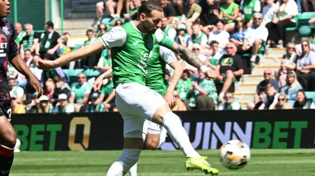 Hibs Martin Boyle has a shot during a William Hill Premiership match between Hibernian and Rangers at Easter Road 