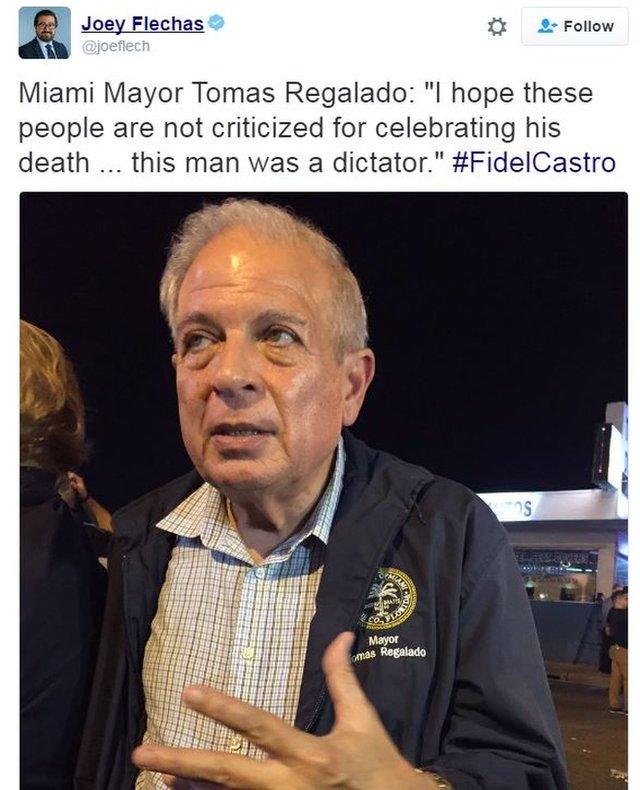 A tweet from Joey Flechas of the Miami Herald quoting Miami Mayor Tomas Regalado