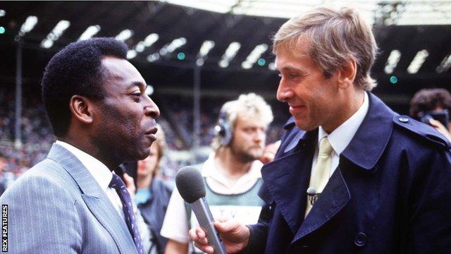 Martin Tyler earlier in his broadcasting career interviewing three-time Brazil World Cup winner Pele at Wembley