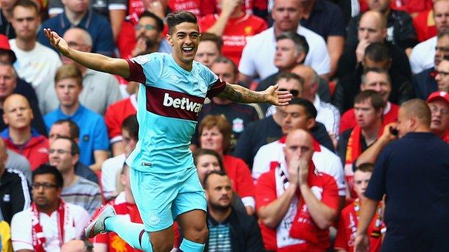 Manuel Lanzini celebrates scoring West Ham's first goal against Liverpool in the Premier League