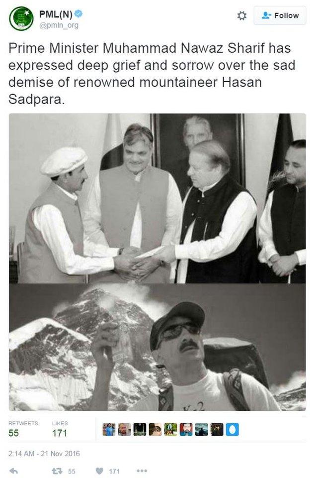 PM Nawaz Sharif's party, the PML(N), tweeted pictures of the greet mountaineer Hasan Sadpara