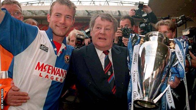 Jack Walker (right) celebrates Blackburn's title triumph with Alan Shearer, who finished the season with 34 top-flight goals