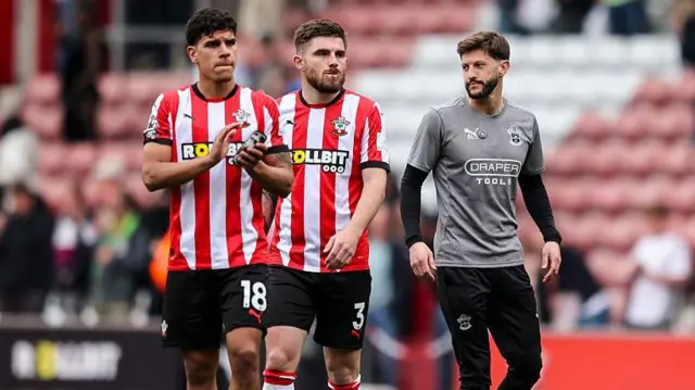 Mateus Fernandes, Ryan Manning and Adam Lallana following Southampton's Premier League defeat at home to Aston Villa