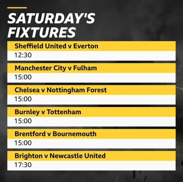 Sheffield United v Everton, Manchester City v Fulham, Chelsea v Nottingham Forest, Burnley v Tottenham, Brentford v Bournemouth, Brighton v Newcastle United