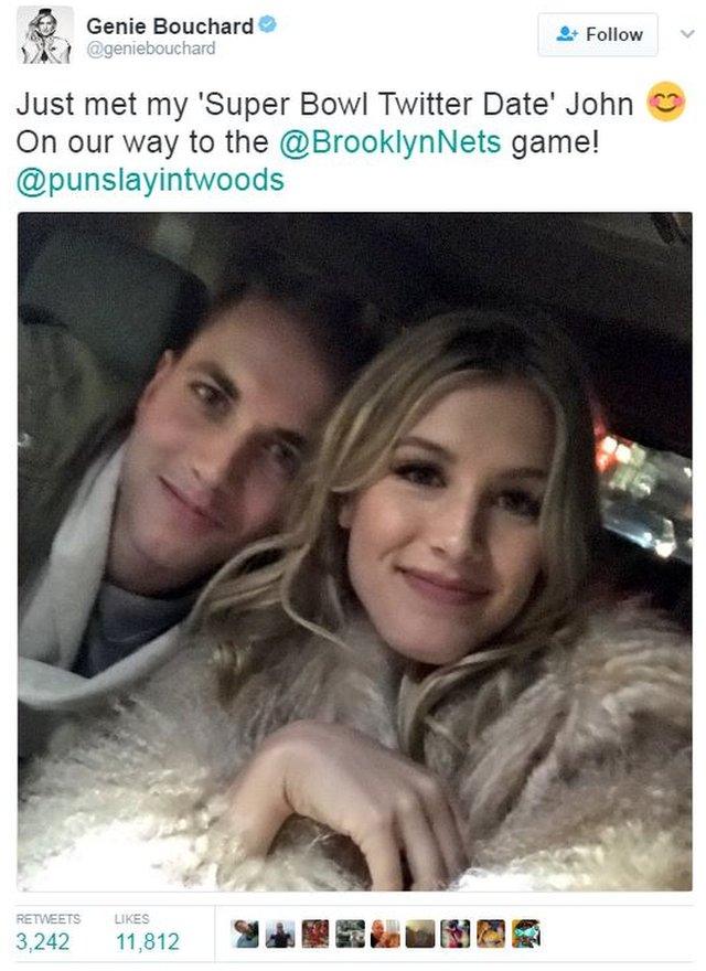 Eugenie Bouchard tweets a selfie with her "Super Bowl Twitter date"