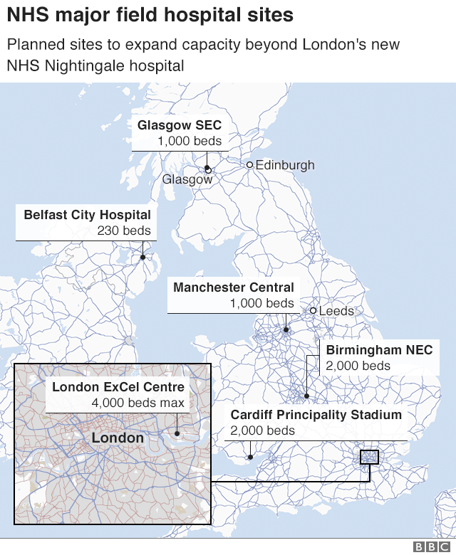 Map showing locations of NHS Nightingale in London and possible other locations