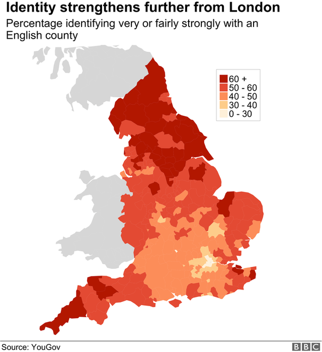 Map showing people's sense of connection with a county strengthens the further you go from London