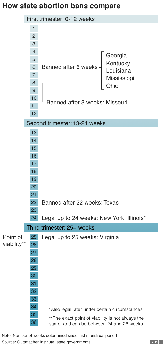 Chart showing which states have bans at which point in pregnancy