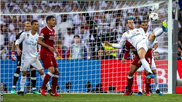 Gareth Bale scores against Liverpool in the 2018 Champions League final