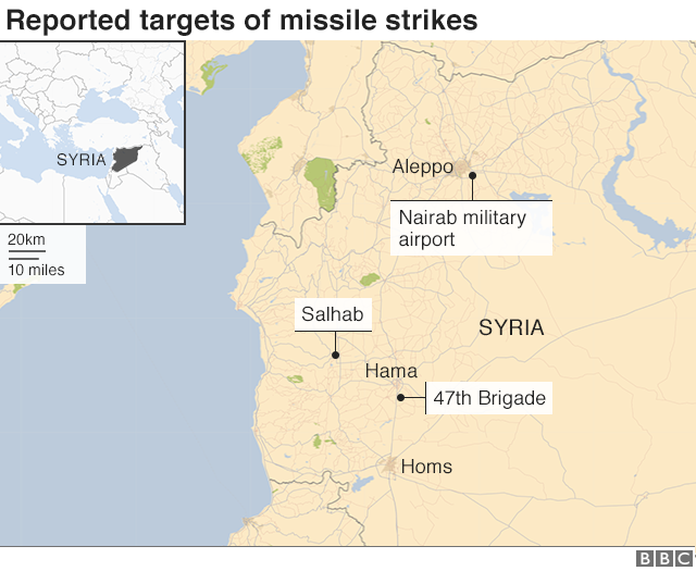 Map of Syria showing reported targets of missile strikes on 29 April 2018