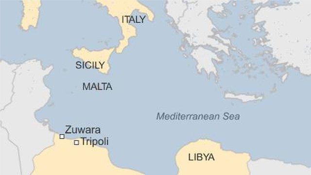 Map showing Libya, Italy, Malta and Sicily