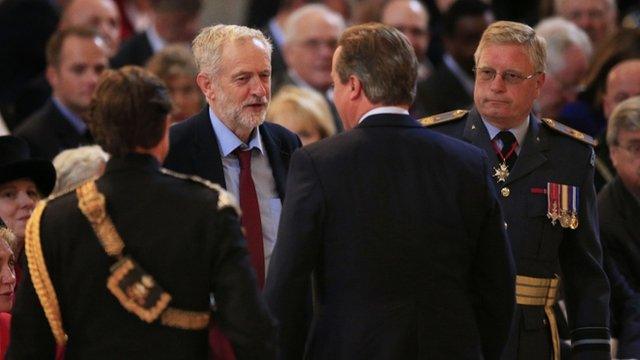 Leader of the Labour Party Jeremy Corbyn meets Prime Minister David Cameron during a service at St Paul"s Cathedral in London to mark the 75th anniversary of the Battle of Britain