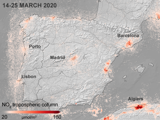 The big Spanish centres show a marked reduction in NO2