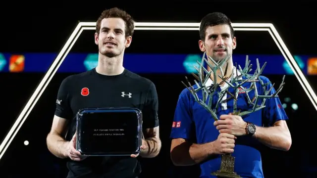 Andy Murray and Novak Djokovic with their trophies